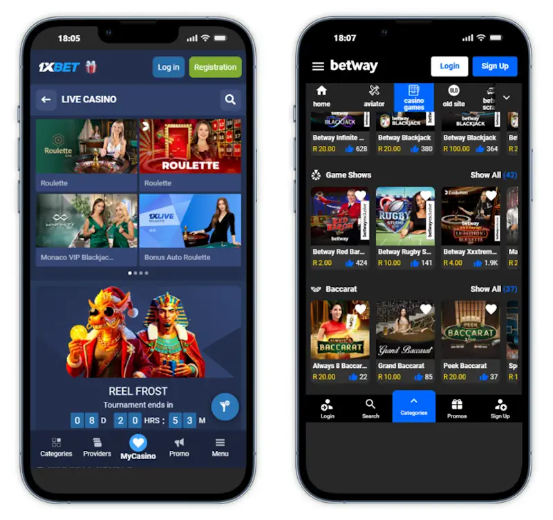Mobile Apps 1xBet and Betway Screenshot